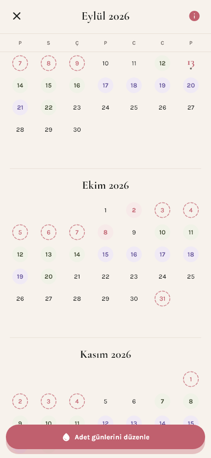OMA güncel döngü takviminde Eylül ve Ekim ayları